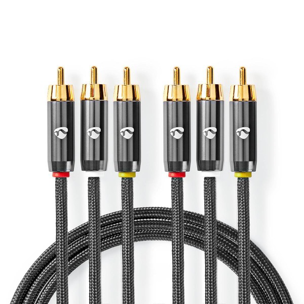 Videokabel Composite 3x Cinch-Stecker vergoldet Stahlgrau Nylonmantel 2m